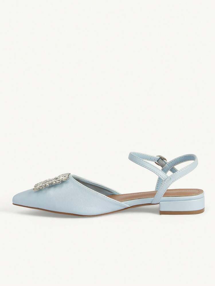 CUCCOO CHICEST Women Shoes New French Temperament Rhinestone Square Buckle Sexy Light Blue Pointed Flat Low-Heeled Shoes, Fashionable, Elegant, Comfortable And Not Tired Of Feet, Fairy Style High-End Closed Toe Sandals