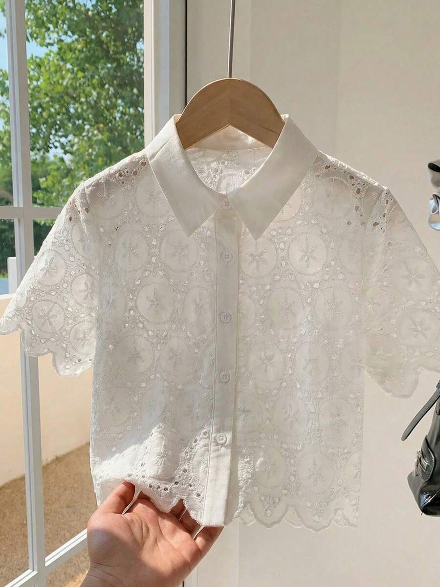 SHEIN Tween Girl Casual Embroidered Fabric Short Sleeve Shirt With Collar Tween Girl - White - View 1