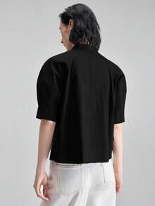 Ontre 2026春夏新款女士衬衫，梭织面料，花瓣袖，纽扣前襟，宽松版型，适合独立日、优雅办公装、教师装、休闲外出、下午茶、都市时尚、百搭通勤衬衫 - 黑色 - 查看 6