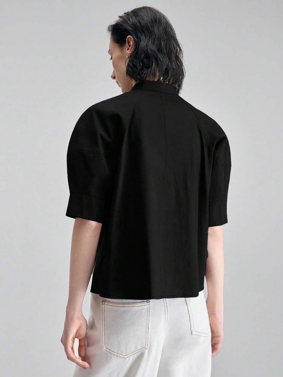 Women's Black Summer Blouse,Effortless Chic Everyday Woven Fabric,Petal Sleeve,Button Front,Loose Fit,Elegant Office Wear Teacher Outfit