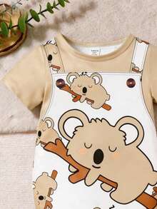 SHEIN GraphicGems Quần yếm ngắn tay cổ tròn in hình động vật dễ thương cho bé trai, thích hợp mặc mùa hè. - Màu Khaki - Xem 6