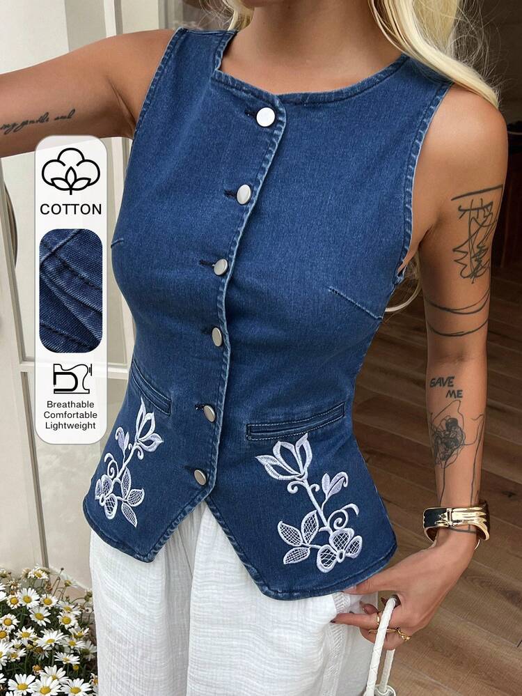 Contrast Floral Embroidered Fitted Sleeveless Casual Tank Top For Women, Summer Babydoll Top