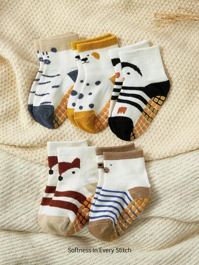 Cozy Pixies 5 Pairs Of Children's Knee Pads Baby Cartoon Floor Non-Slip Socks Set Baby Toddler Crawling Floor Socks