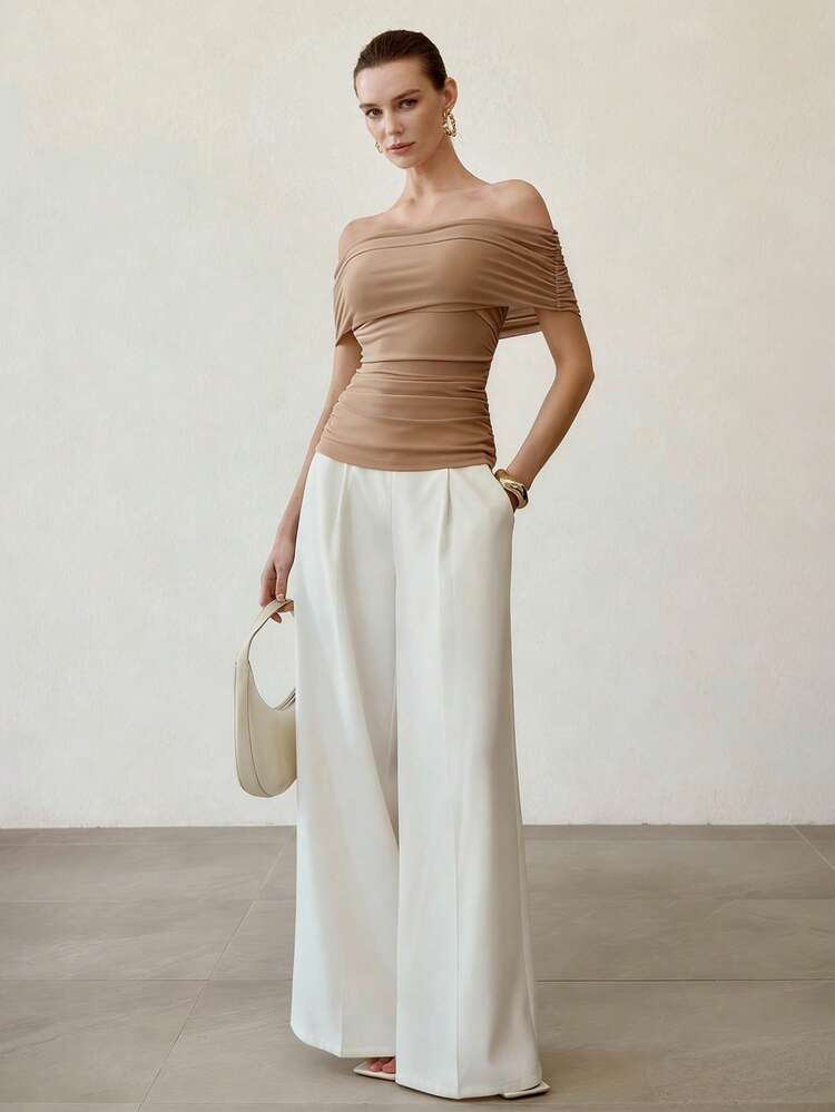 WOMEN'S APRICOT MESH FITTED SEXY FASHIONABLE ELEGANT ONE-SHOULDER TOP