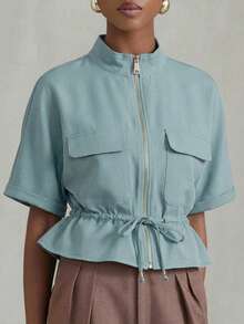 Aveloria Modichic Fashionable Short Utility Shirt With Symmetrical Chest Pockets, Cinched Waist Design, Overall Neat And Practical - Blue - View 5