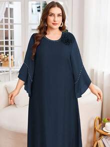 SHEIN Lacomfia Đầm chiffon màu trơn phối họa tiết dành cho nữ cỡ lớn, kiểu dáng kín đáo, thường ngày. - Màu xanh hải quân - Xem 1