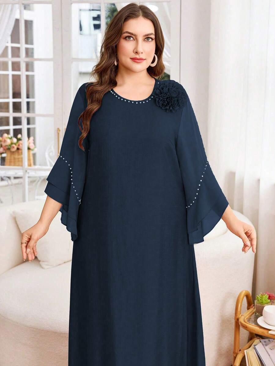 SHEIN Lacomfia Đầm chiffon màu trơn phối họa tiết dành cho nữ cỡ lớn, kiểu dáng kín đáo, thường ngày. - Màu xanh hải quân - Xem 1