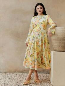 Plus Size Women Long Sleeve Flared Elegant Spring/Summer Dress, Vacation Dress - Yellow - View 1