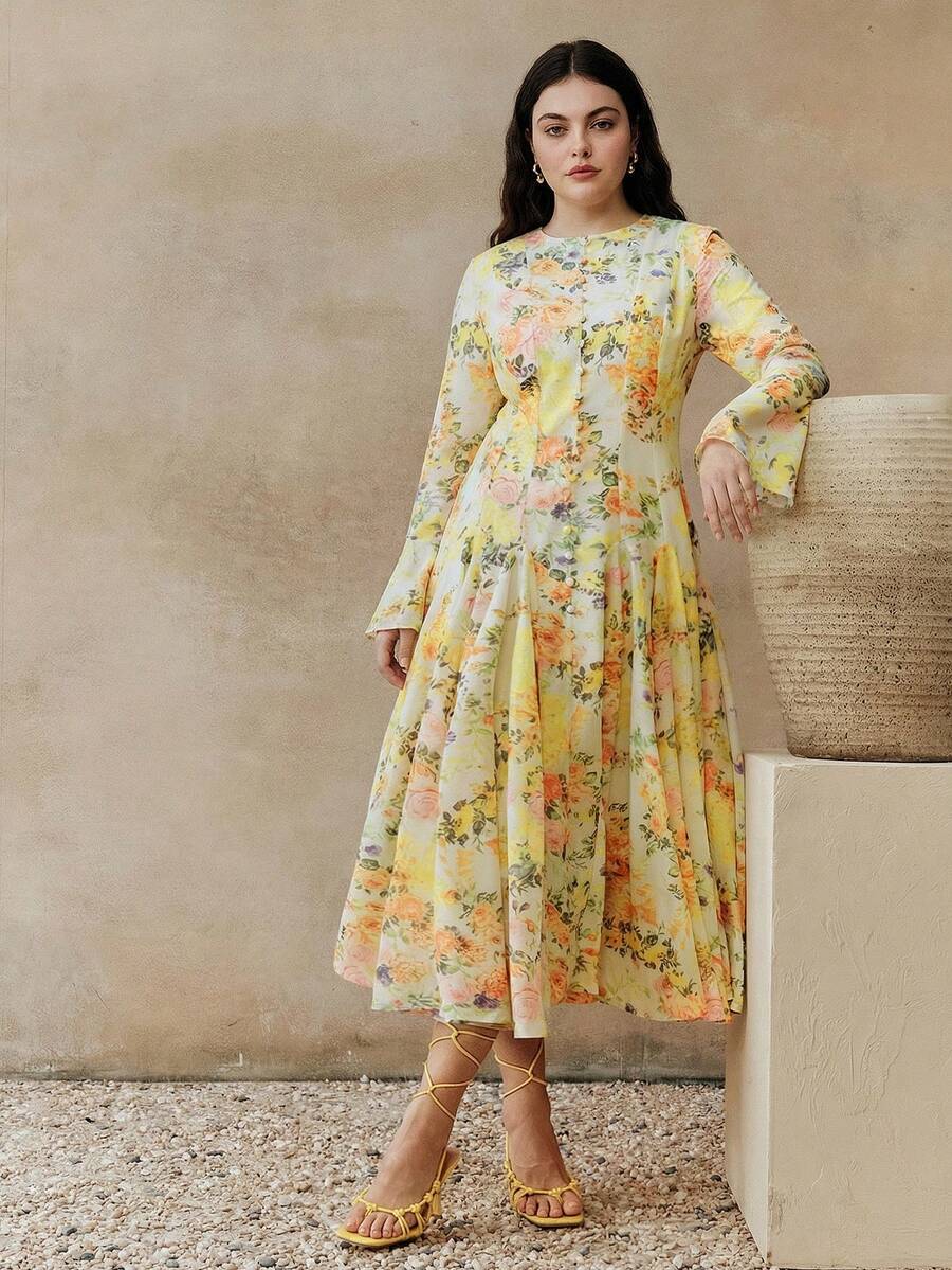 Plus Size Women Long Sleeve Flared Elegant Spring/Summer Dress, Vacation Dress - Yellow - View 1