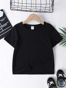 SHEIN Young Boys' Casual Minimalist Round Neck T-Shirt Suitable For Summer, Classic Cool Text, Street Slang "6", "7", "Six", "Seven" Text Graphic Print, Back Print - Black - View 3