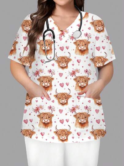 PopScrub Áo sơ mi nữ cỡ lớn màu trắng cổ chữ V tay ngắn với họa tiết hoạt hình động vật trang trại dễ thương, trái tim, hoa nhỏ, áo đồng phục y tá bác sĩ, đồng phục làm việc chăm sóc thú cưng màu trơn, áo khoác phòng thí nghiệm dinh dưỡng, đồng phục công sở nhiều túi cỡ lớn tiện dụng, trang phục thường ngày tiện dụng cỡ lớn cho kỳ nghỉ.