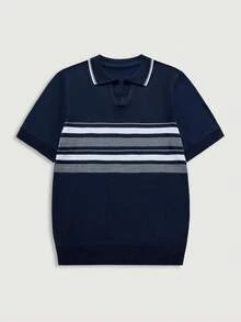 Courvante 男士條紋領短袖休閒針織上衣 條紋 Polo 衫 夏季穿著服飾 海軍藍 前開扣 - 藏蓝色 - 查看 3