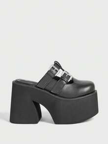 Sugerpunk Women's Black Double Buckle Platform Wedge Slide Sandals 2000s Style - Black - View 1