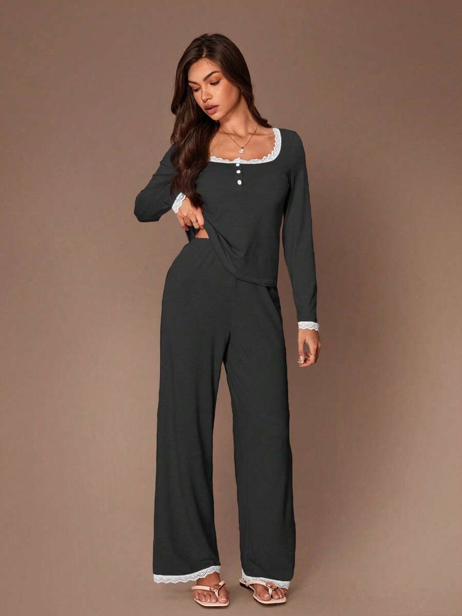 Lazeform Women's Pink Lace Trim Square Neck Knit Long Sleeve Pajama Set - Dark Grey - View 1