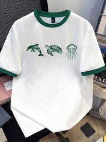 Manfinity Joysei Men's Green Patchwork Ocean Creature Print T-Shirt - White - View 1