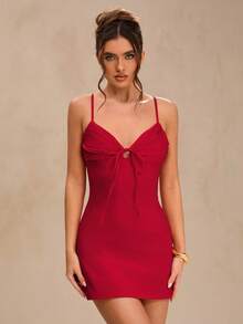 SHEIN BAE Đầm ngắn gợi cảm màu đỏ ôm sát, cổ khoét sâu, lưng hở, thắt nơ, khoét rỗng, viền bèo nhún dành cho nữ, thích hợp cho mùa hè. - Đỏ - Xem 6