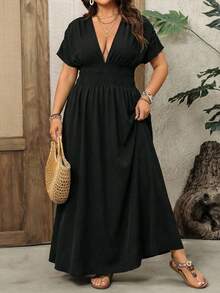 SHEIN CURVE+ Curve 尺码 US22 音乐节、海滨度假、波西米亚风女士深V纯色黑色侧开衩长裙、度假裙、长裙 - 黑色 - 查看 4