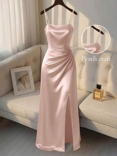 SHEIN Franclia Đầm hai dây nữ màu trơn, đính ngọc trai giả, thiết kế xếp ly, xẻ tà bên hông, thanh lịch.