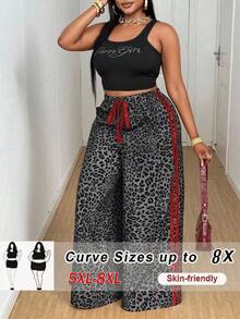 SHEIN CURVE+ 2025新款女士加大码休闲豹纹撞色腰带蝴蝶结直筒裤，时尚百搭 - 彩色 - 查看 1