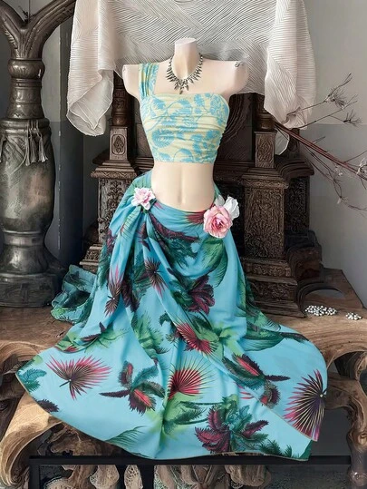 Sweetra Plus Size Tropical Print Halter Top And Skirt 2 Pieces Set, Vacation/Beach