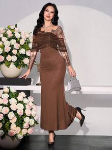 Modelyn Gaun Panjang Wanita dengan Lengan Asimetris dan Motif Patchwork Renda - Coklat - View 3