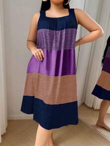 SHEIN Plus Size Women's Summer Colorblock Striped Print Sleeveless Loose Nightgown - Navy Blue - View 4