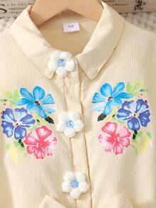 2026春夏新款时尚柔软面料夏季连衣裙，度假旅行必备，女童时尚印花领荷叶袖系带连衣裙，适合春秋季派对场合 - 黃色 - 查看 5