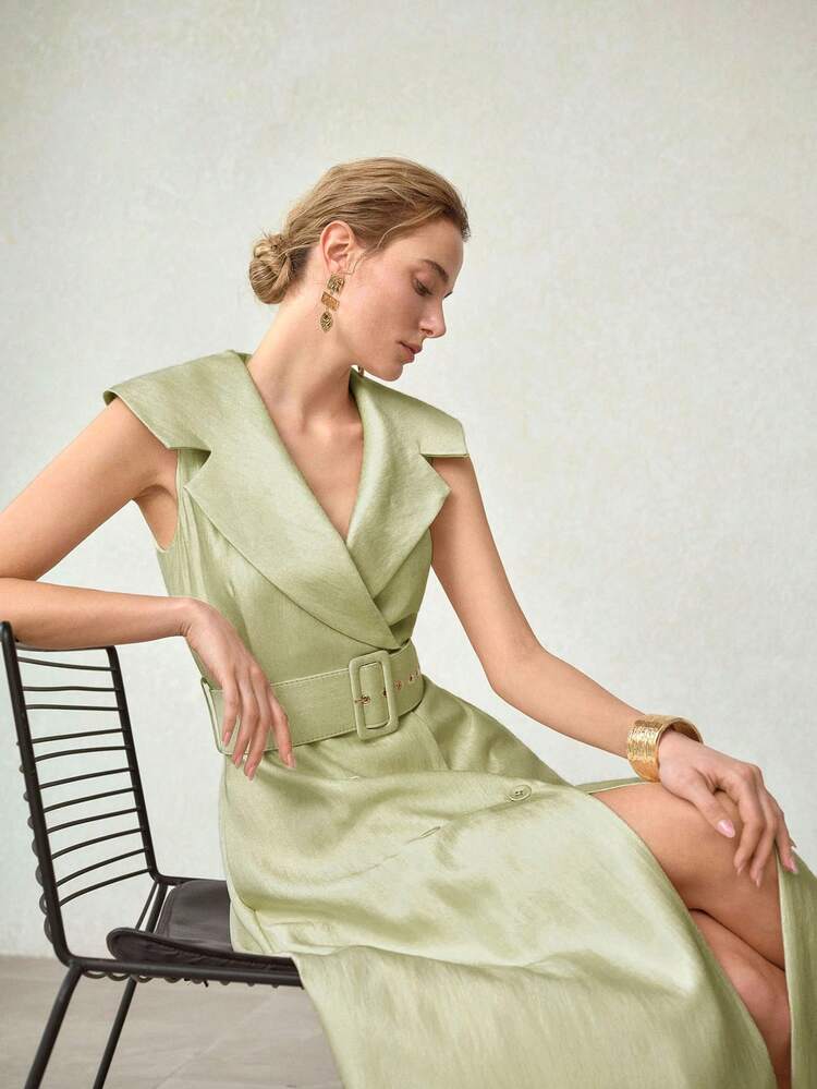 ELEGANT MINIMALIST TURNDOWN COLLAR CINCHED WAIST A-LINE DRESS, SUITABLE FOR COMMUTING, SPRING/SUMMER