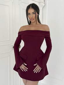 Shopreo Women's Burgundy Off-The-Shoulder Dress, Long Sleeve A-Line Mini Dress, Fake Pockets, Cocktail Dress - Burgundy - View 6