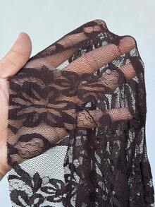 Rustia Plus Size Women Elastic Waist Lace Patchwork High Slit Layered Ruffle Skirt - Coffee Brown - View 4