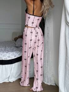 CottageSlumber Cartoon Bow Print Contrast Lace Design Comfortable Camisole & Pants Women Pajama Set - Pink - View 2