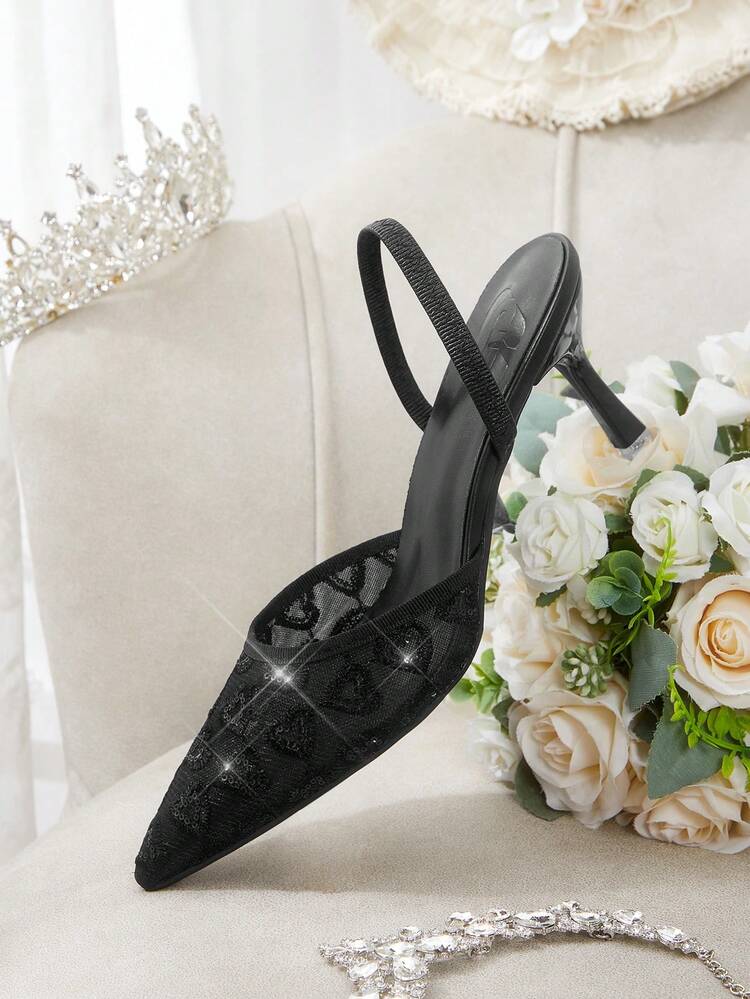 CUCCOO HITCHD Spring And Autumn Black Mesh Embroidery Pointed Tip Thin Heel Sexy Elegant Hollow Women's High Heel Shoes Summer Shoes Wedding Shoes Bride Shoes