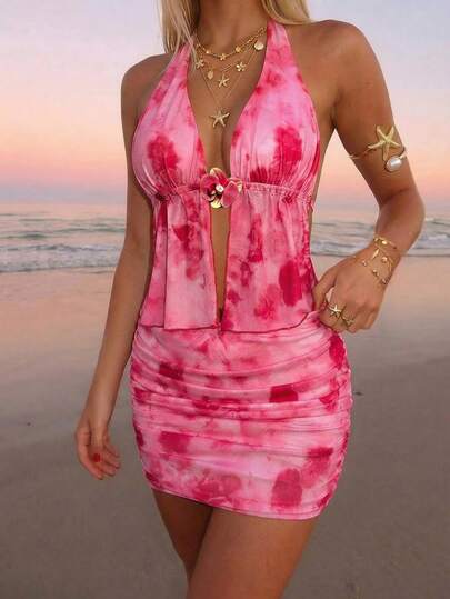 Sundraya Women's Tie-Dye Printed Knit Mesh Backless Faux Flower Vest With Bow Embellishment And Pleated Mini Skirt Set, Suitable For Parties, Dates, Afternoon Tea, The Beach, Carnivals, And Summer Wear. Pink Beach Set, Two Pieces Beach Outfit, Women's Beach Set, Pink Printed Beach Set, Beach Skirt Set.