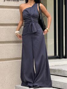 Siren Gaze Bộ đồ nữ thường ngày gồm áo sơ mi kẻ sọc và quần ống rộng (2 món). - Màu xanh lam - Xem 4