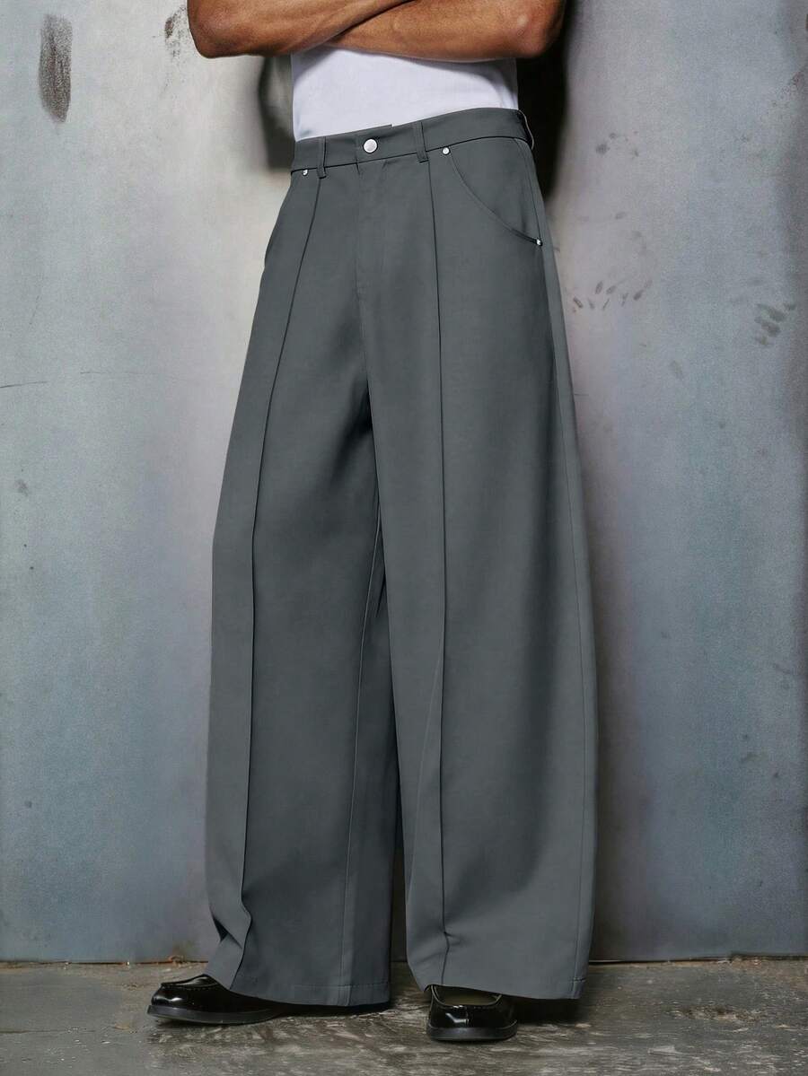 PAVTROS Men's Black Loose Casual Wide Leg Straight Pants, And Versatile Formal Pant Hakama Pants Trousers Men Wide Leg Trousers Men High Waisted Trousers Men - Dark Grey - View 1