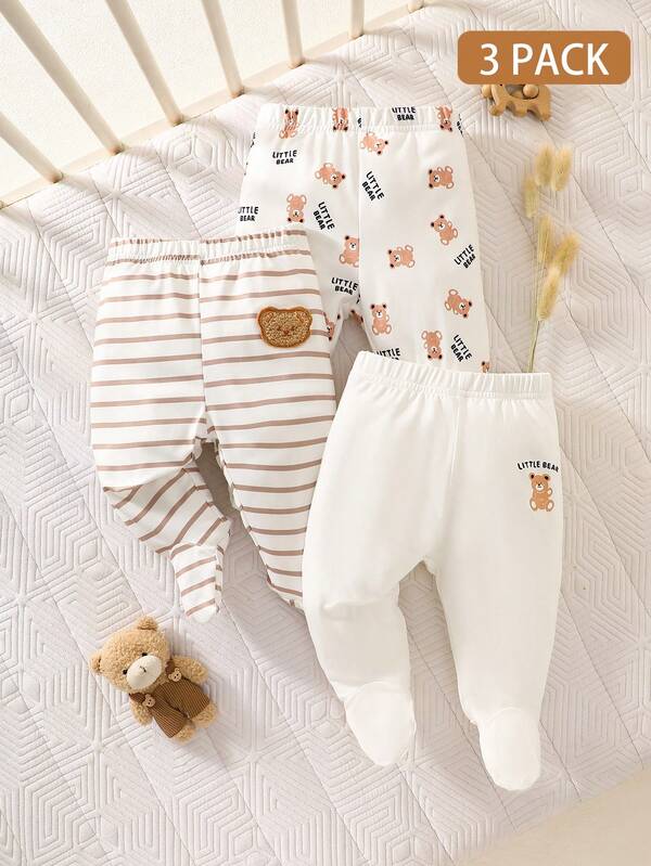SHEIN Newborn Baby Casual Cute Yellow Bear, Pink Kitty, White Rabbit Footie Pants, Baby Girl Outfits