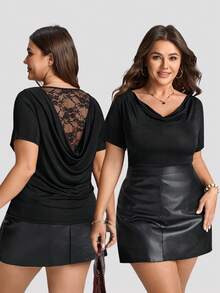 Comfylo Blusa de moda con cuello en V y mangas cortas, con encaje en contraste para mujer de talla grande - Negro - Ver 1