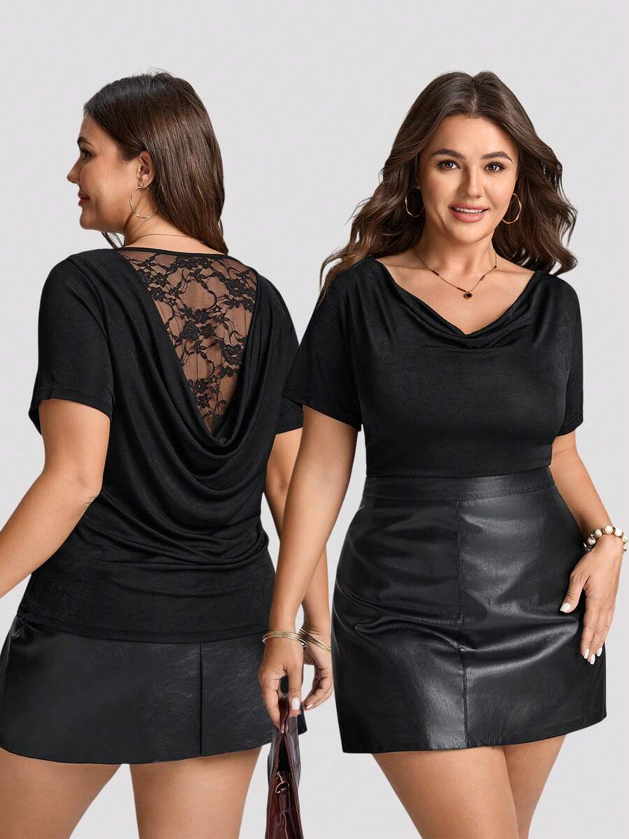 Comfylo Blusa de moda con cuello en V y mangas cortas, con encaje en contraste para mujer de talla grande - Negro - Ver 1