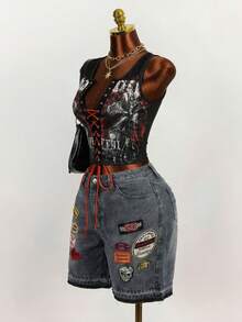 Slaydiva Quần short denim nữ kiểu dáng thường ngày, bạc màu và rách. - màu đen - Xem 2