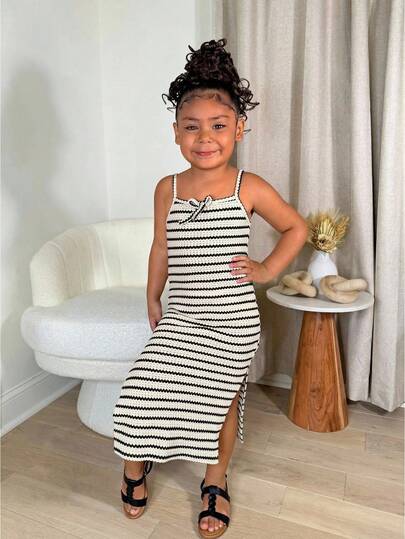 SHEIN Young Girls' Casual Minimalist Textured Black & White Striped Spaghetti Strap Midi Dress With Slit, Suitable For Beach, Vacation, Music Festival, Daily Wear, School