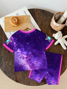 SHEIN Bộ 2 món cho bé gái, áo thun ngắn tay và quần short in chữ và hoạt hình, thích hợp mặc hàng ngày vào mùa hè. - Nhiều màu - Xem 3