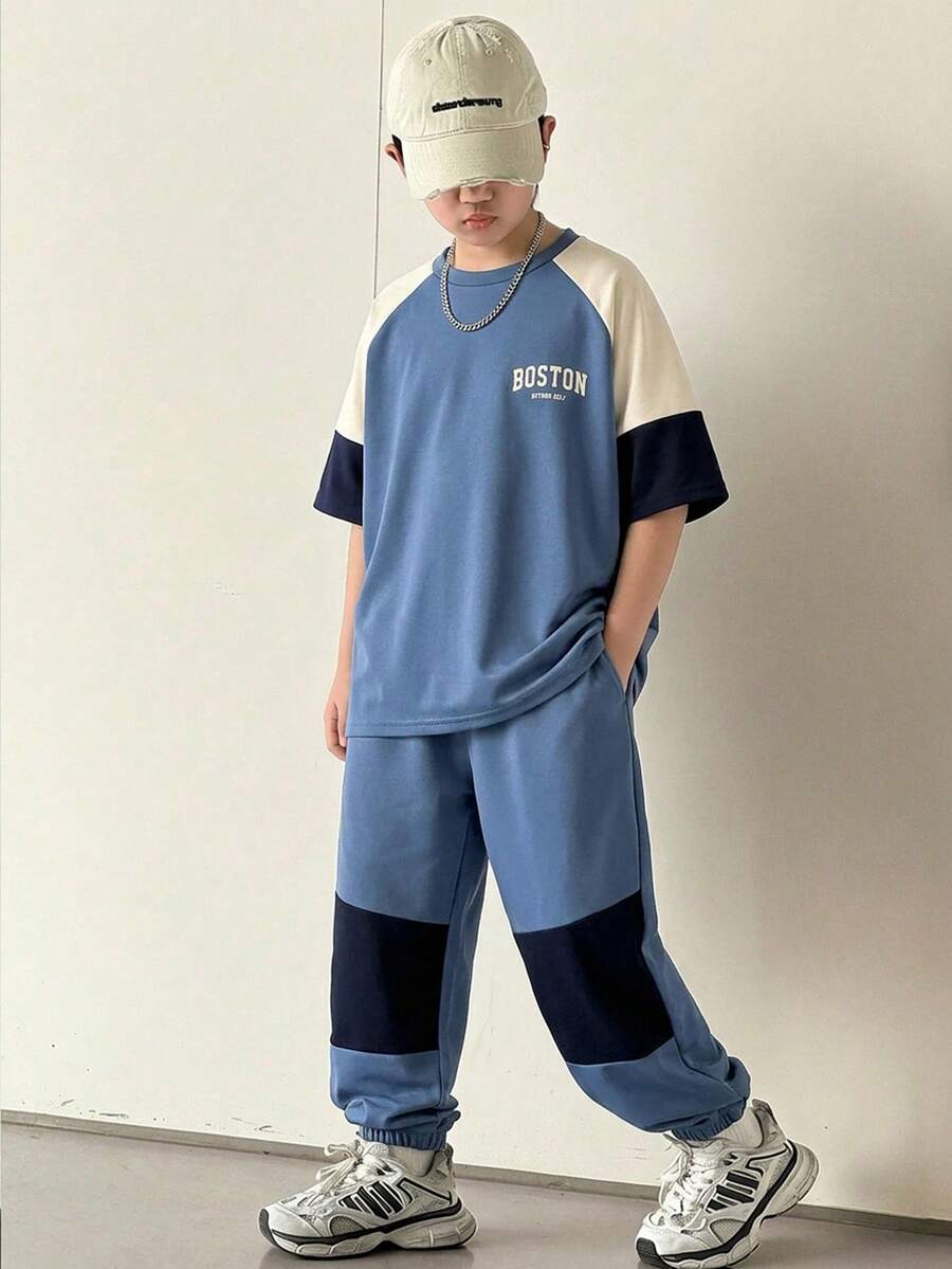 SHEIN 2pcs Tween Boy Casual Versatile Colorblock Design Round Neck T-Shirt And Pants Set, Suitable For Commuting, School, Daily Casual Wear, Sports, Spring/Summer - Blue - View 1