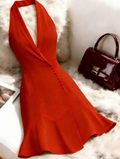 Franclia Women's Solid Color Shawl Collar Single-Breasted Sleeveless Short Dress