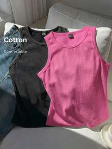 Comfortcana 2pcs/Set Brown Solid Color Sleeveless Washed Comfortable Ribbed Crew Neck Knit Tank Tops, Plus Size, Spring/Summer Gym - Hot Pink - View 3