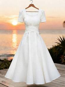 Elenzga Đầm nữ màu trắng chất liệu vải dệt họa tiết, cổ vuông, eo thon, dáng xòe, thanh lịch và tinh tế, phù hợp cho sinh nhật, hẹn hò, tiệc tùng, ngày Valentine, ngày động, lễ Phục sinh, đám cưới ngoài trời, du lịch, chụp ảnh đường phố, là item thời trang thiết yếu cho mùa xuân/hè. - trắng - Xem 8