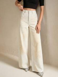 Anewsta Women's Casual Commuter Rhinestone Decor Loose Wide-Leg Jeans - White - View 6