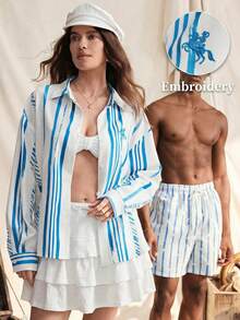 Zovinel Navigation White And Sky Blue Striped Button-Front Shirt With Horse Embroidery For Women, Spring/Summer Beach Style Vacation,Holiday Outfits - Blue and White - View 11