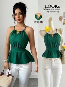 Elenzga Áo tank top nữ thanh lịch màu xanh lá cây, không tay, ôm dáng, trang trí hạt gỗ và có dây rút, thích hợp cho mùa xuân/hè. - màu xanh lá - Xem 6