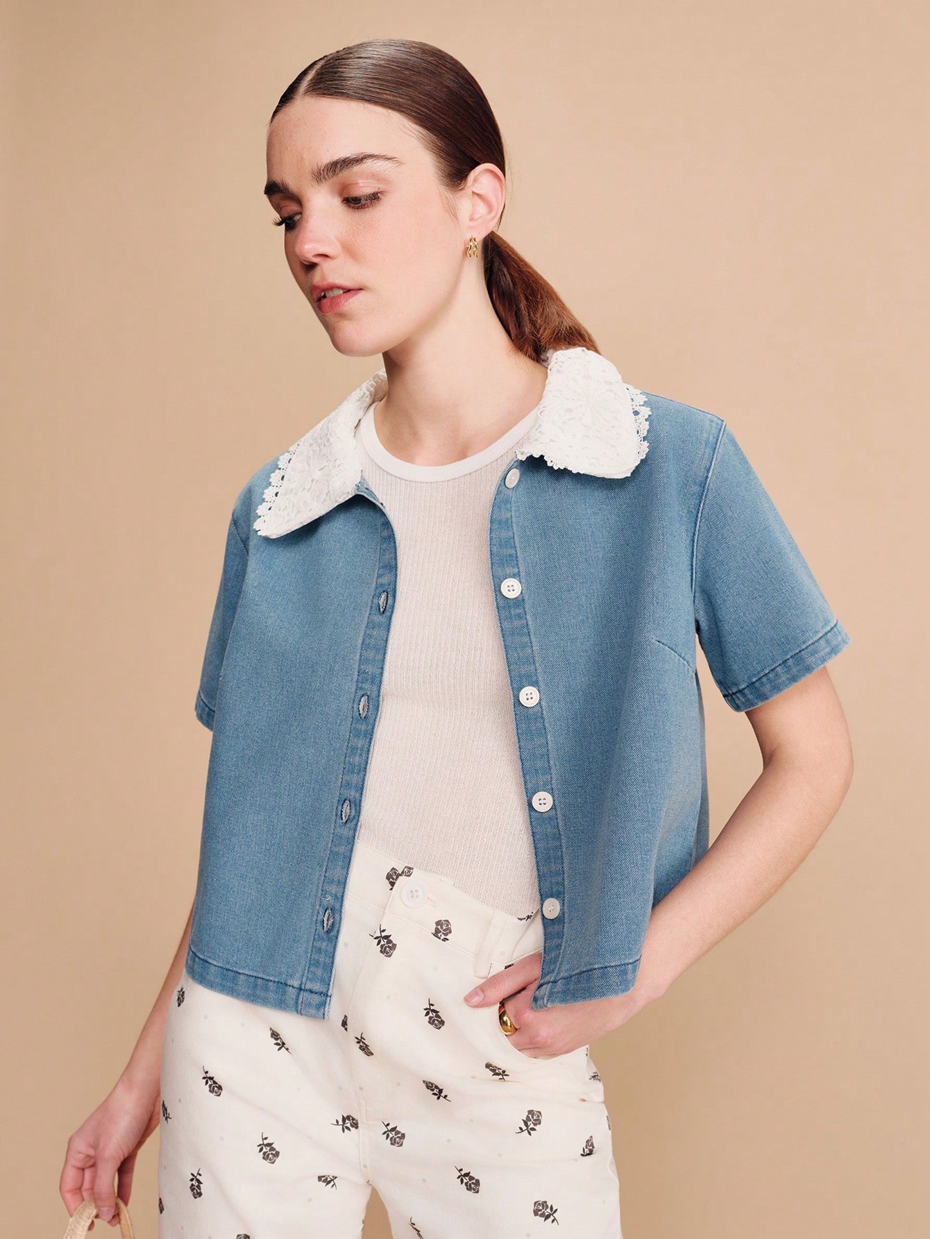 Camisa Denim de Manga Curta com Detalhe de Gola de Crochê, Estilo Boho Primavera Verão, Estilo Vintage Francês Primavera Verão