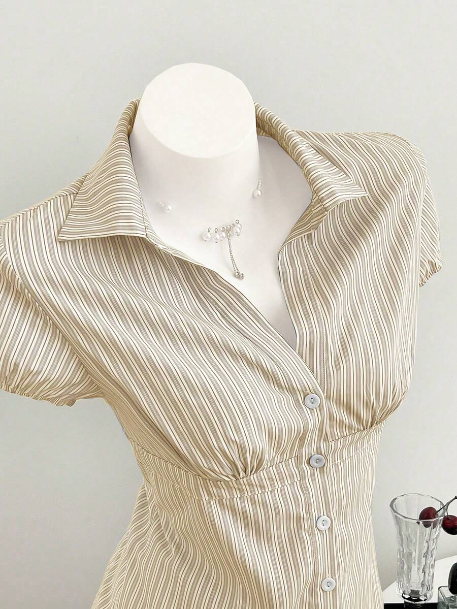Elamini Áo sơ mi nữ tay ngắn cổ chữ V kẻ sọc, thích hợp cho mùa xuân/hè. - Màu Khaki - Xem 1